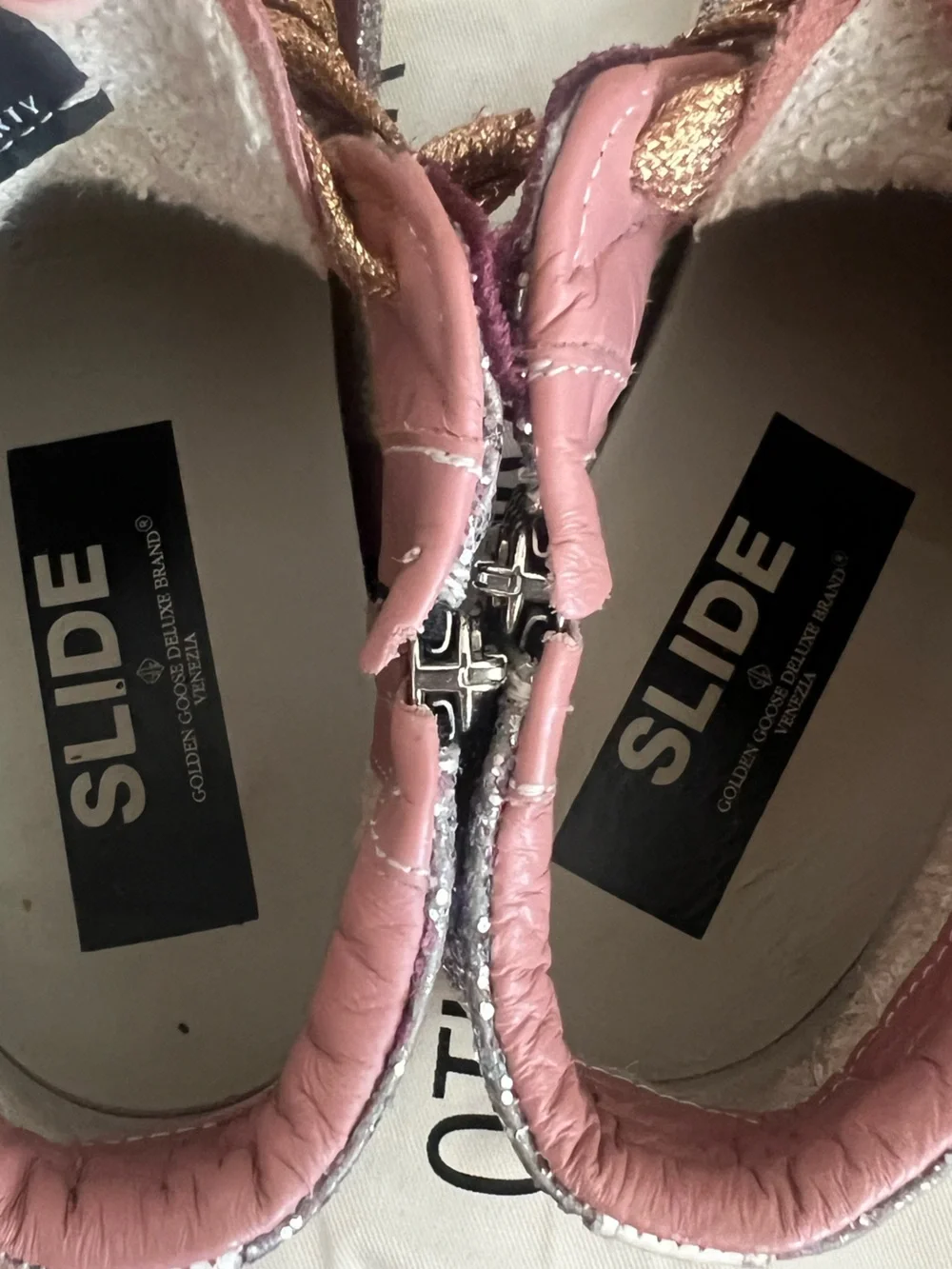 Golden goose glitter slides pink gold burgundy size 40